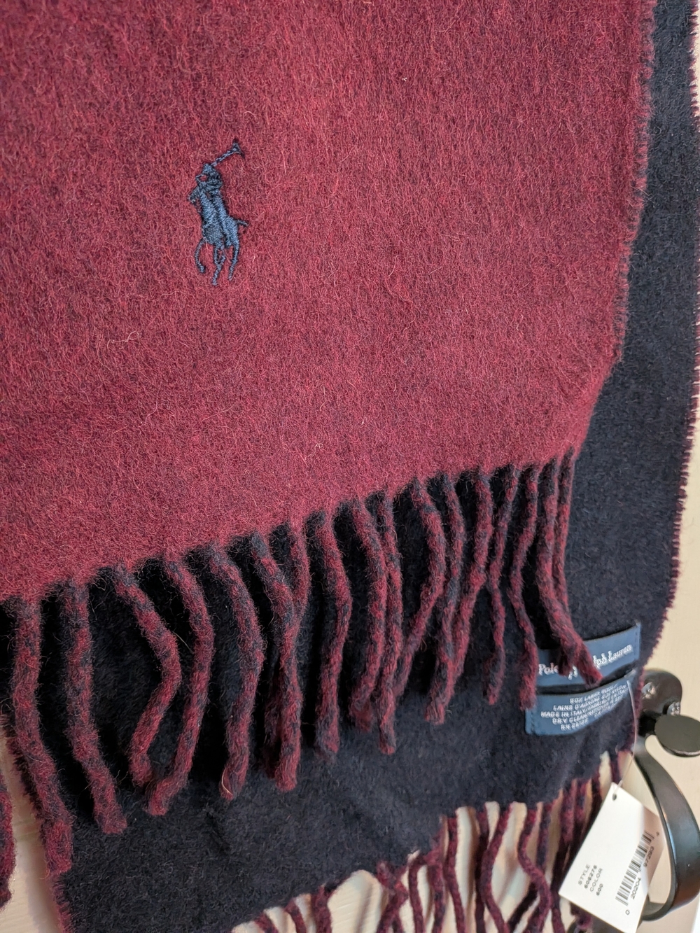 Polo by Ralph Lauren Men’s Burgundy & Navy Wool Scarf lambs wool